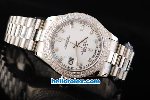 Rolex Day Date II Automatic Movement Full Steel with Double Row Diamond Bezel with Diamond Markers and White Dial - Click Image to Close